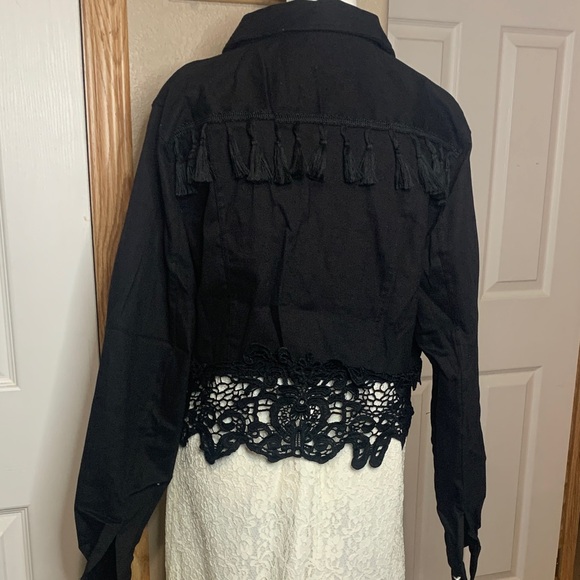 BLACK Denim Button Up Collared Jacket with Tassels and Lace Trim Size X-Large - Picture 6 of 8